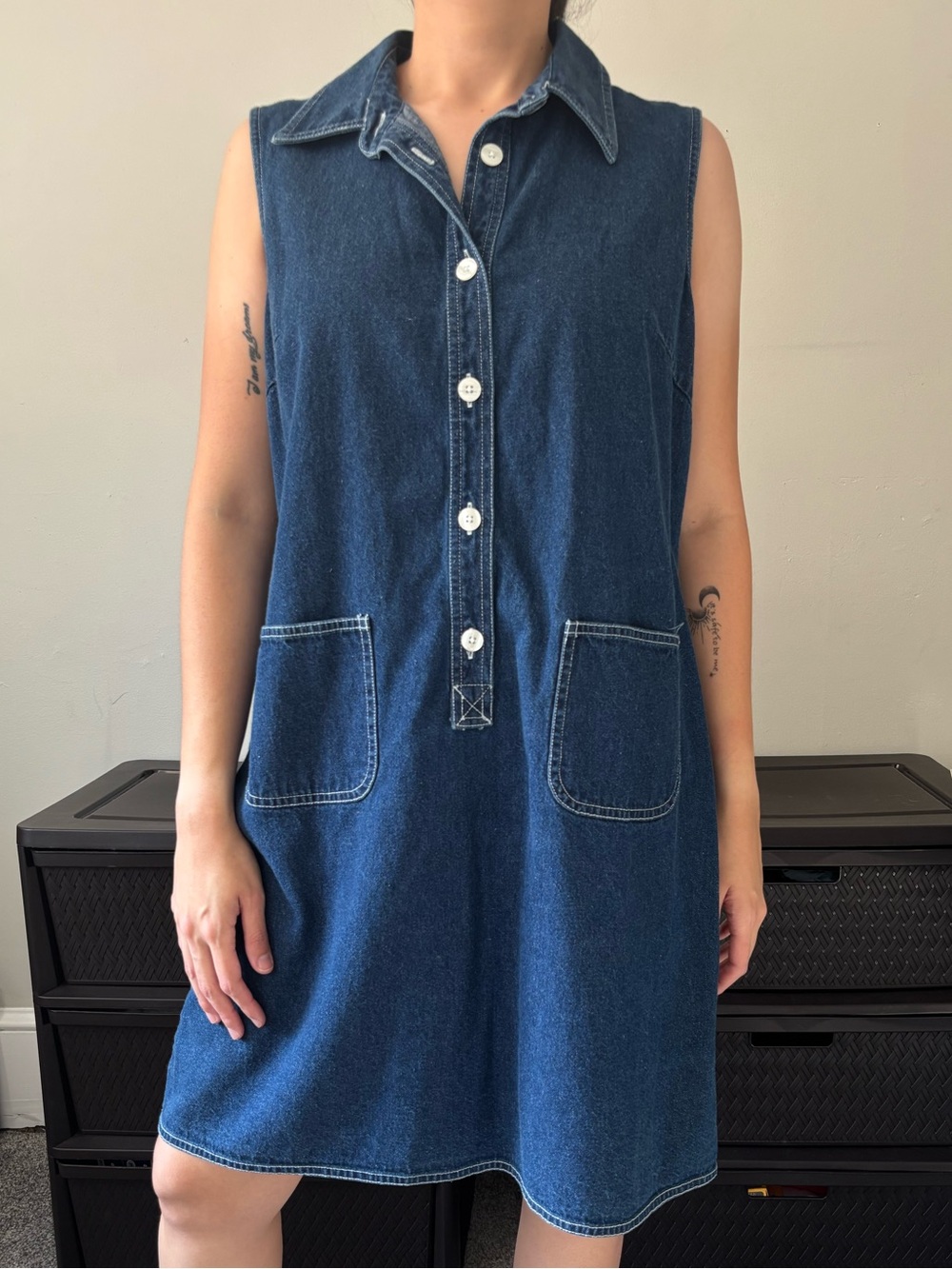 Vintage Y2K Talbots Navy Blue Denim Preppy Button Down Cottage Midi Dress -Large
